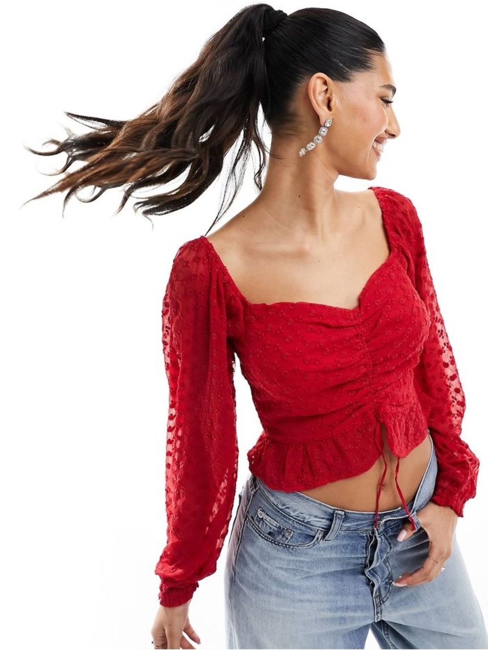Hollister S Red Long-Sleeve Ruched Crop Top NWT - Picture 2 of 8